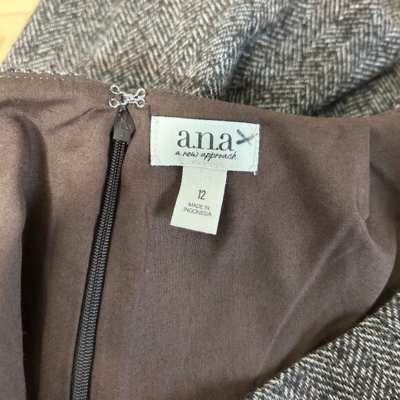 ANA Womens Herringbone Tweed Wool Blend Skirt 12 Brown Mini A-Line Preppy Twee - Picture 7 of 8